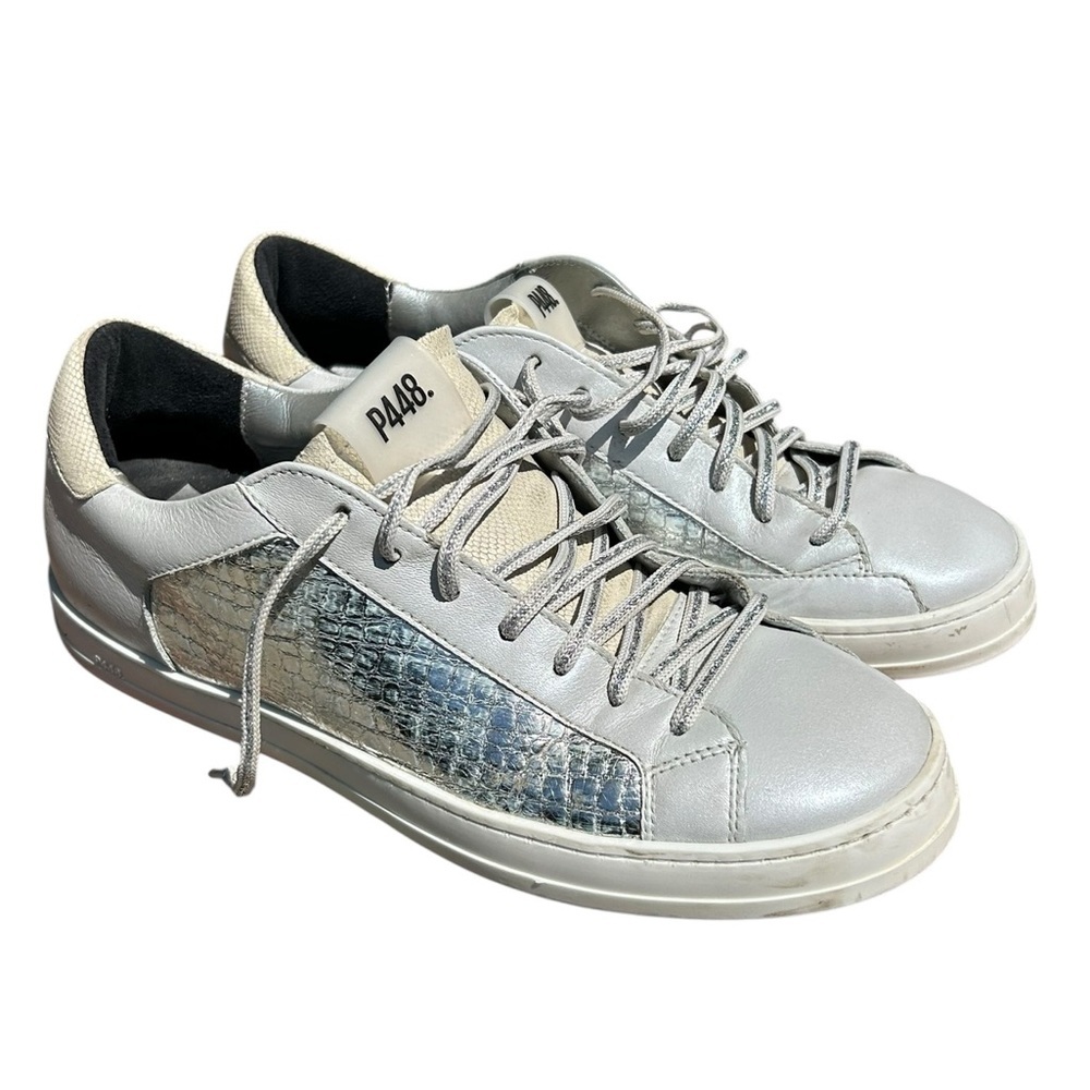 P448 White Gray Silver Sneakers Women’s EU 40 US 9.5 Leather Low Top